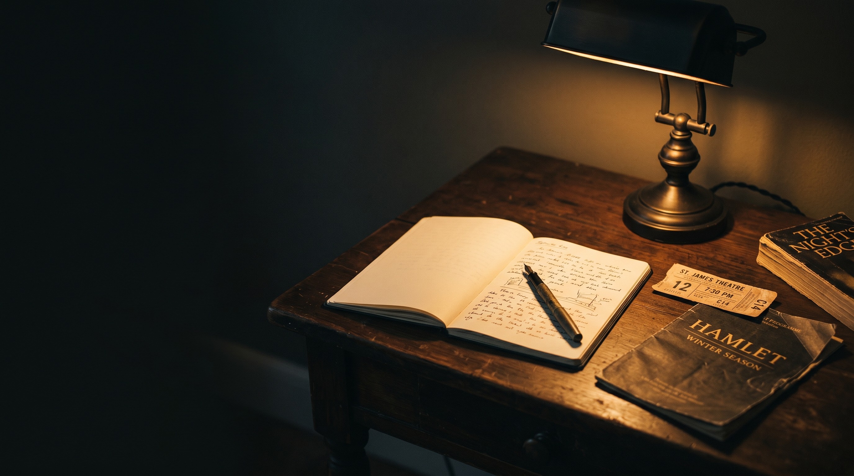 A writing desk lit by a single warm lamp in a dark room, with an open notebook, a theatre ticket stub, and a folded programme catching the light.